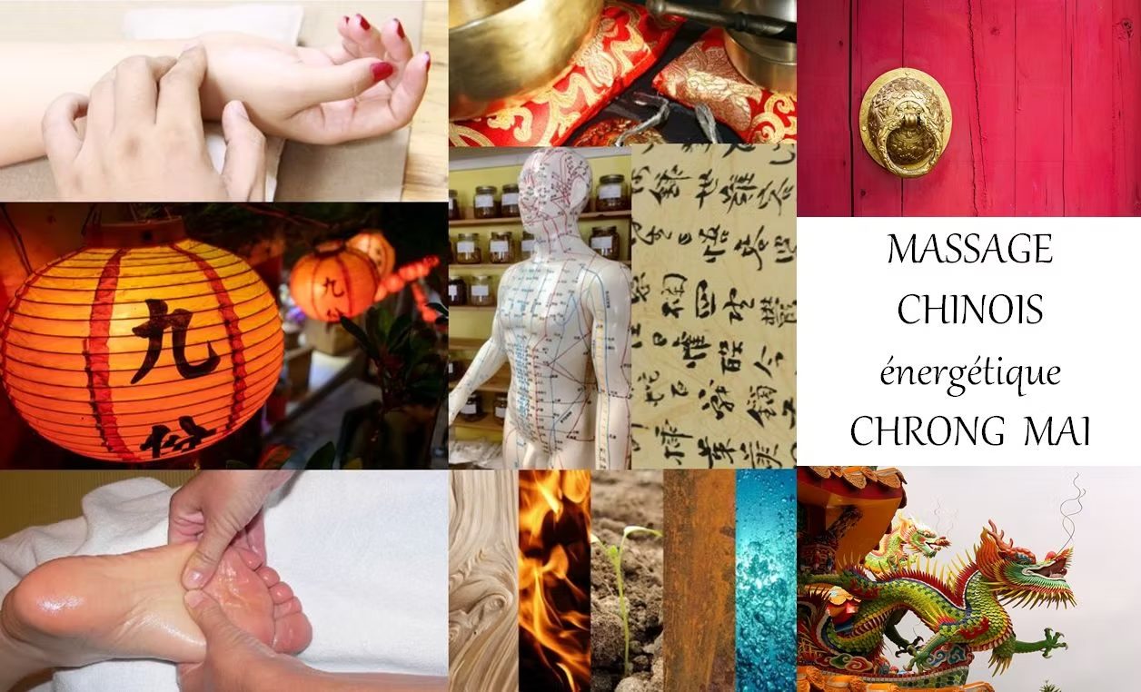 Massage chinois Chrong Mai : montage d'images autour du massage énergétique chinois, mains, lanterne et dragon
