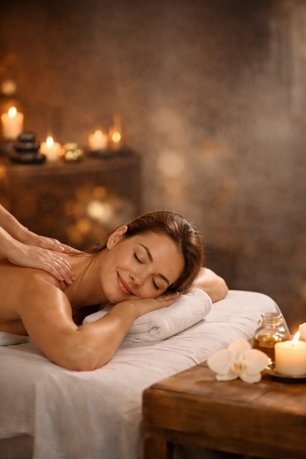 Bienfaits du massage : femme détendue allongée sur une table de massage, dans la lumière douce de bougies