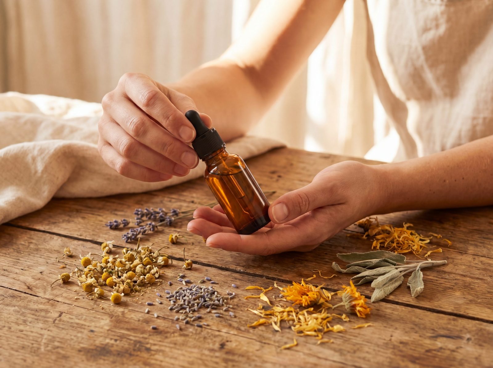 Fleurs de Bach et émotions : mains tenant un flacon compte-gouttes au-dessus de fleurs séchées sur une table en bois