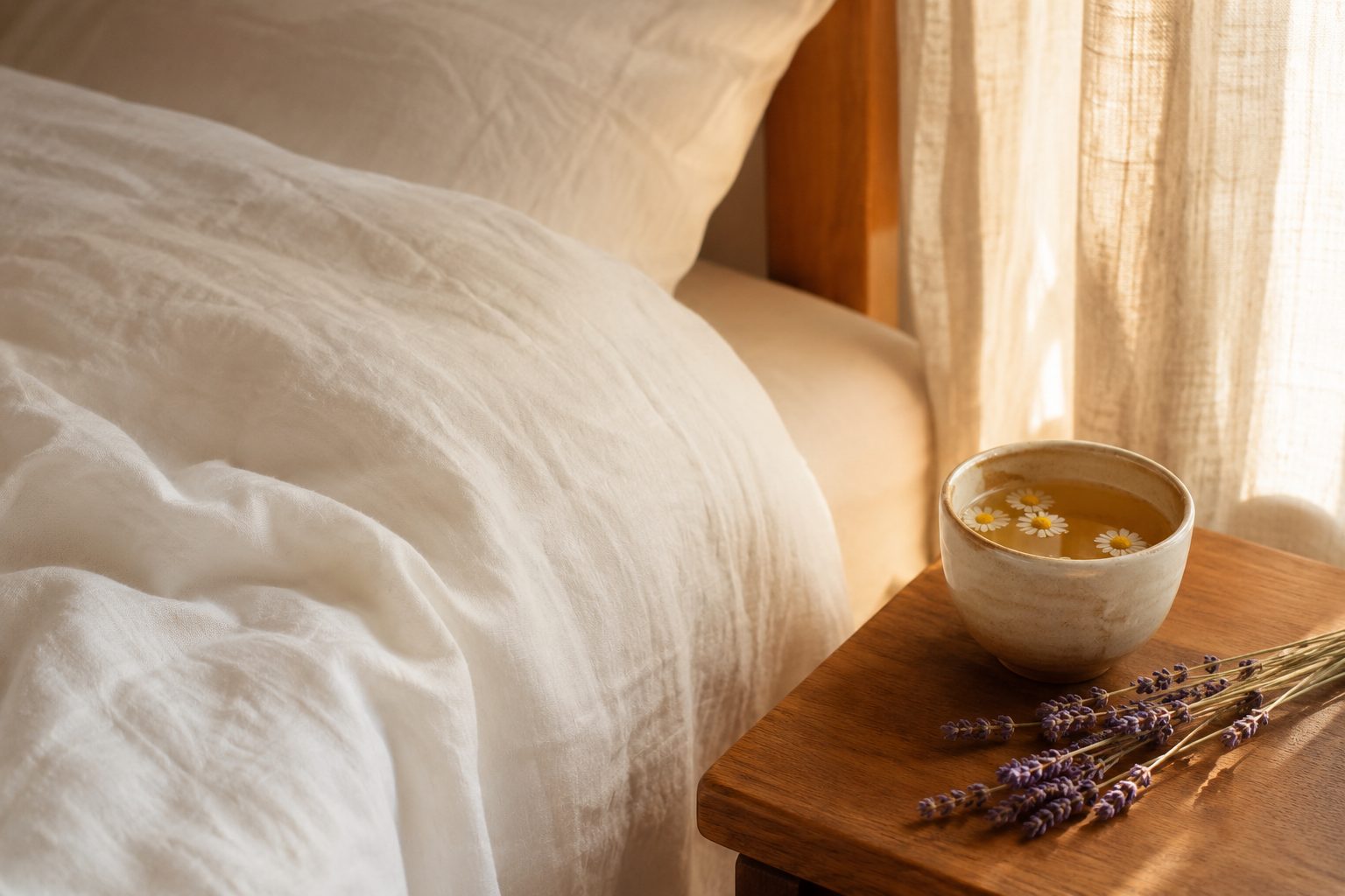 Sophrologie et sommeil : lit aux draps de lin et tasse de tisane près de brins de lavande, ambiance douce du coucher