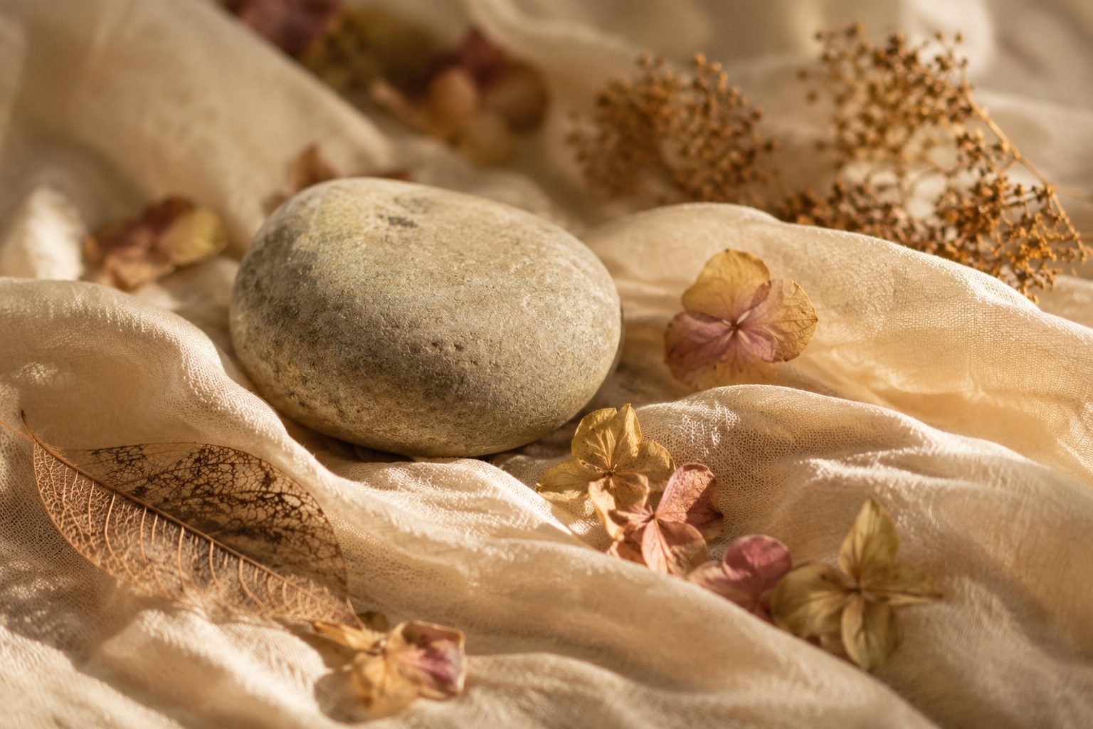 Mémoire du corps : galet posé sur un tissu crème parsemé de fleurs séchées, image de douceur et d'ancrage