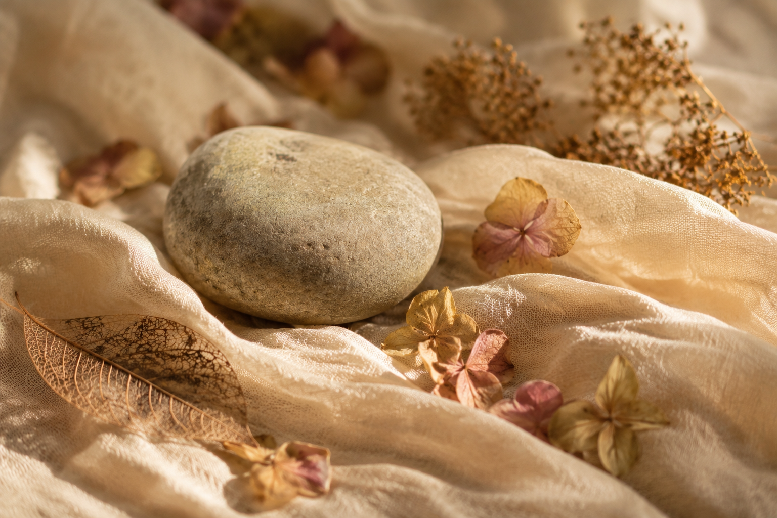Mémoire du corps : galet posé sur un tissu crème parsemé de fleurs séchées