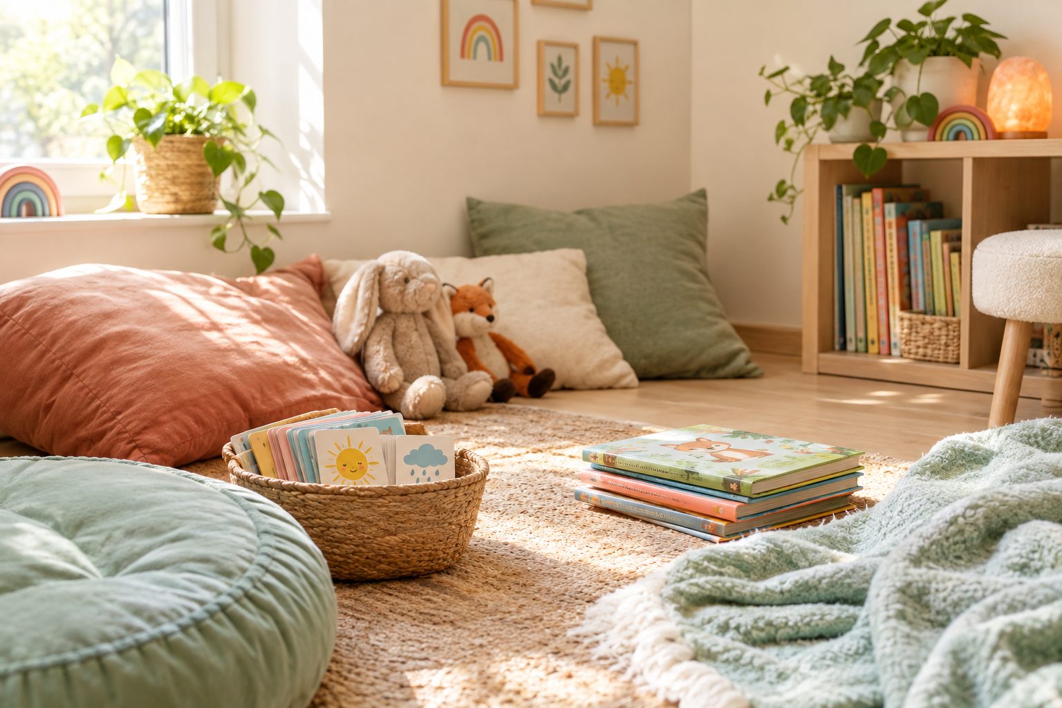 Coin enfant chaleureux avec coussins, peluches et livres, pour des séances de sophrologie en douceur