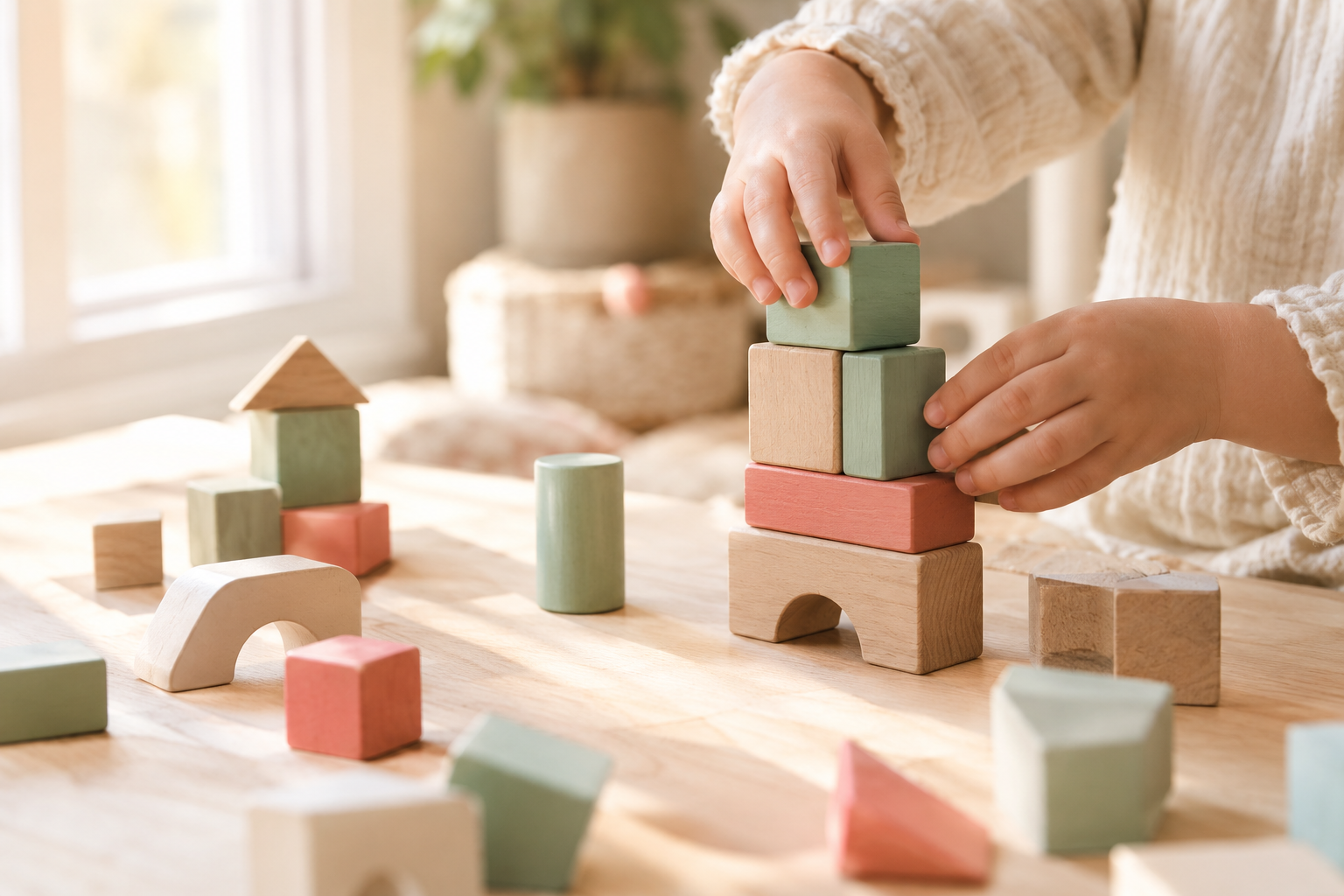 Sophrologie enfant : mains d'un enfant qui empile tranquillement des cubes en bois