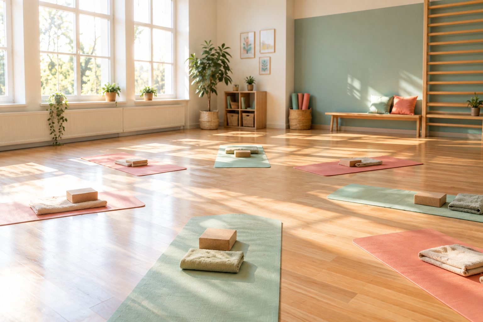 Salle lumineuse avec tapis et coussins préparés pour une séance de sophrologie en groupe