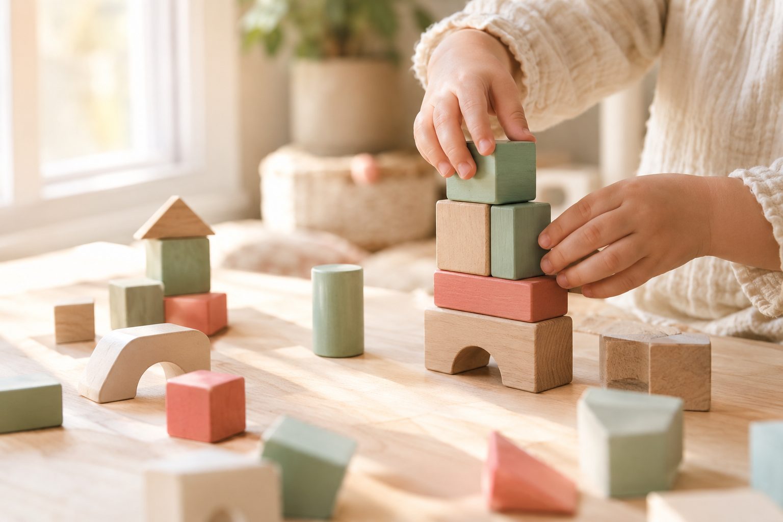 Sophrologie enfant : mains d'un enfant qui empile tranquillement des cubes en bois aux couleurs douces