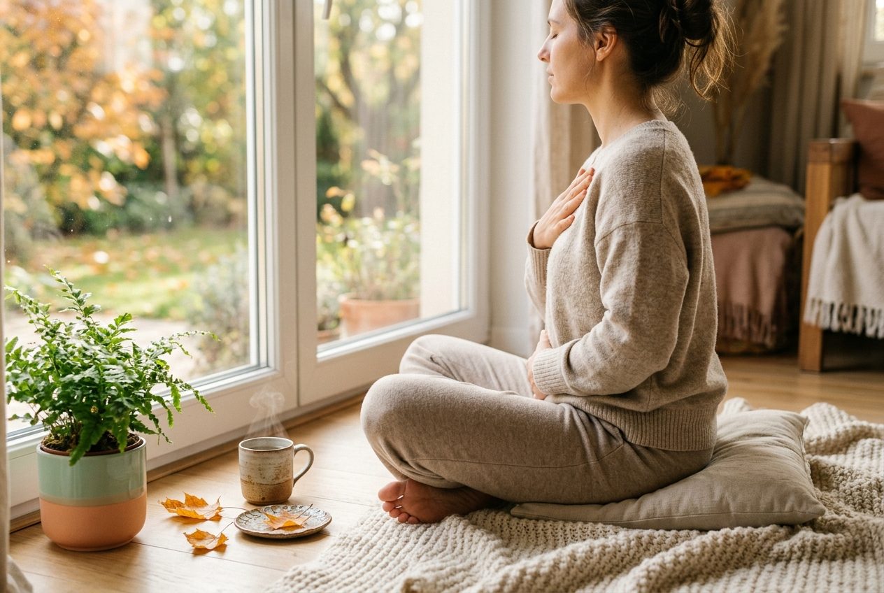 Équilibre émotionnel : femme assise en tailleur près d'une fenêtre d'automne, une main sur le cœur, les yeux fermés